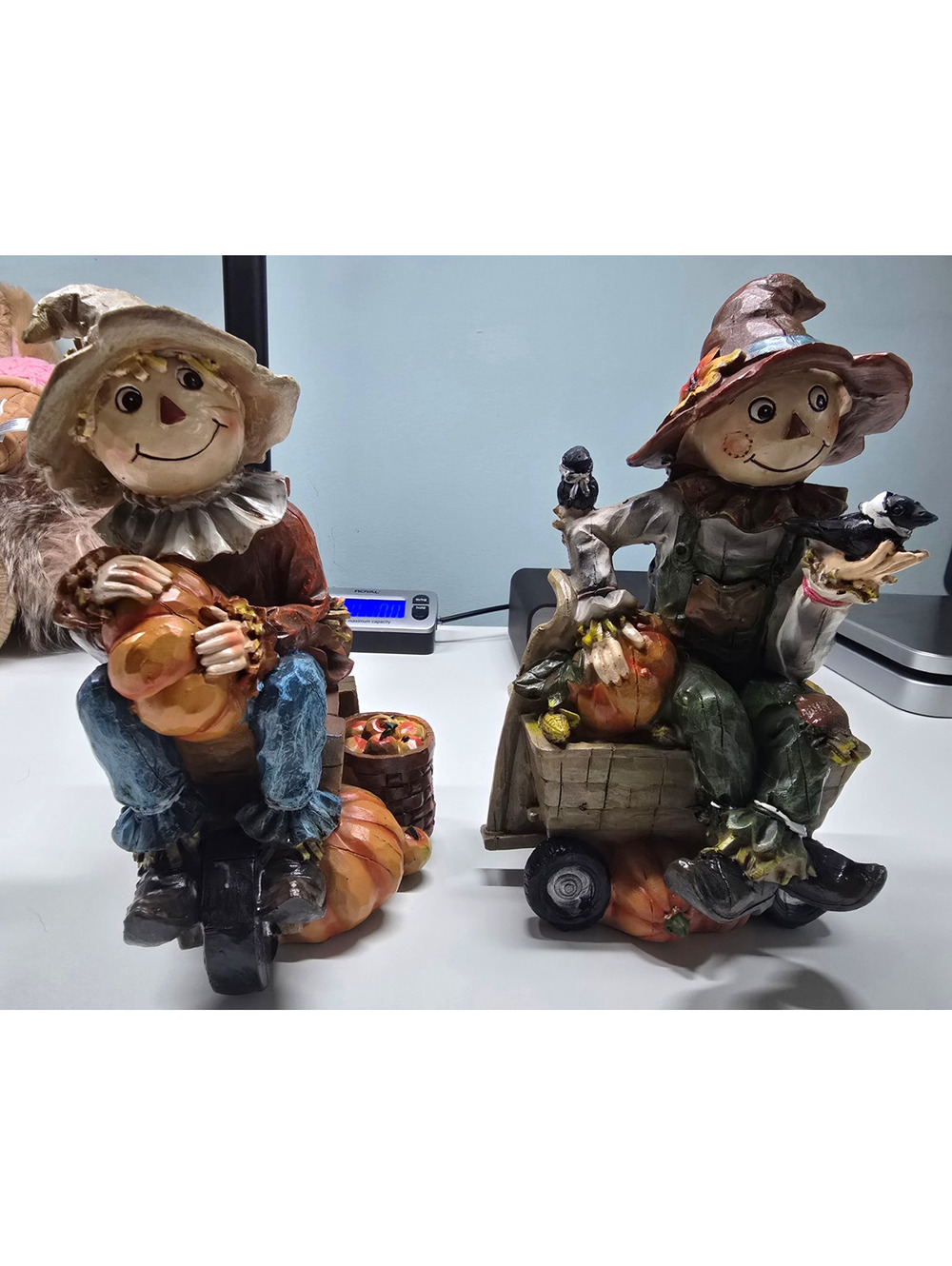 Set of 2 Fall Harvest Scarecrow Figurines w/ Pumpkins Resin Painted 3D